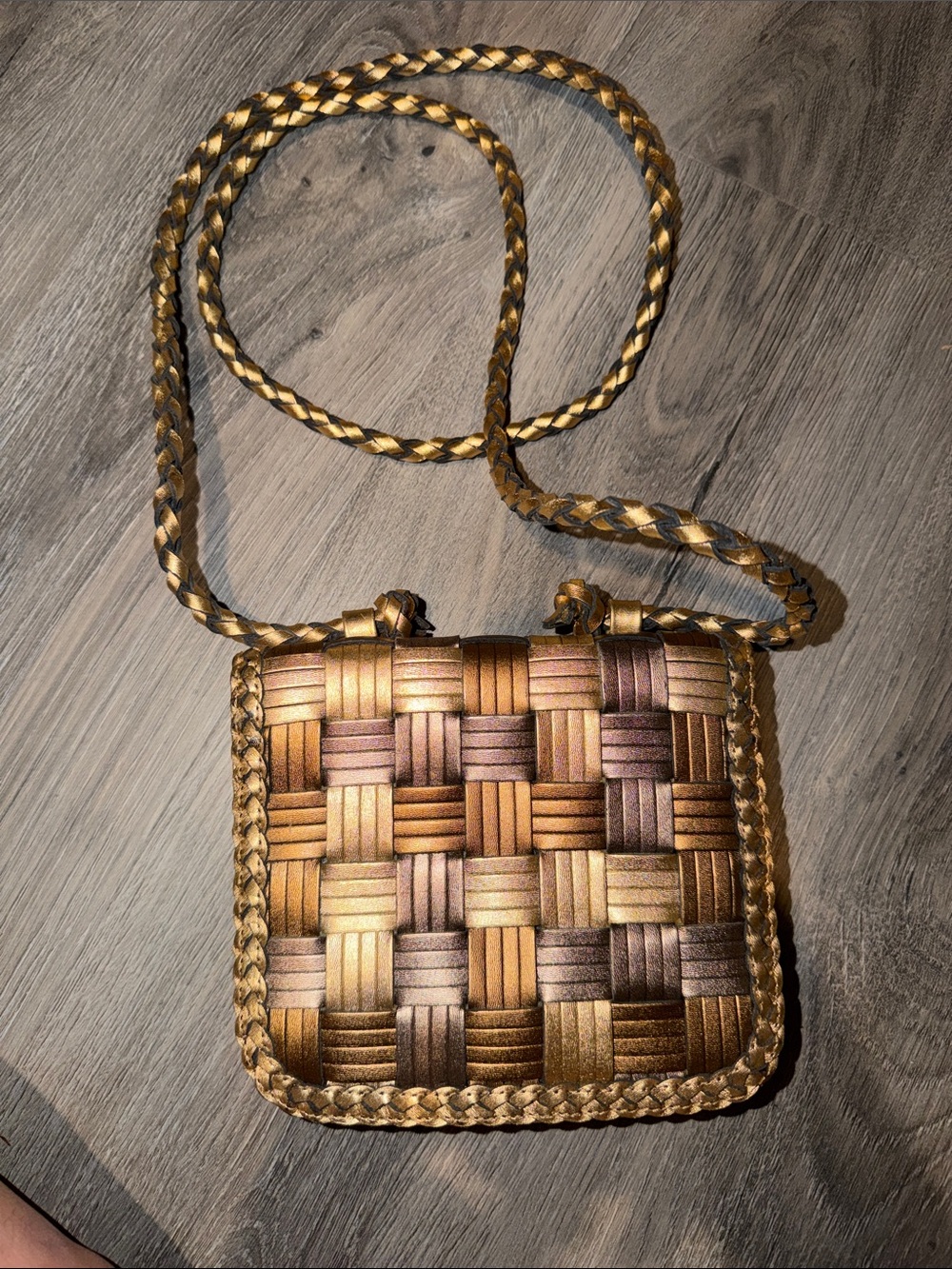 Metallic Woven Crossbody Bag in Bronze and Gold